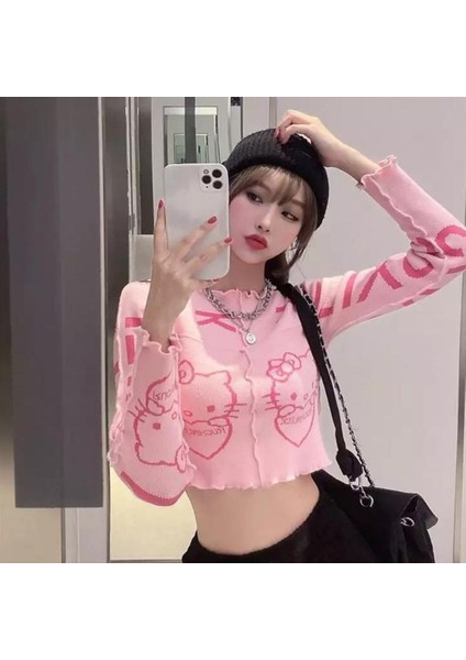 Pembe Hello Kitty - Ruchinleck Yarım Kadın Uzun Kollu Crop