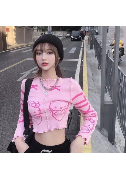 Pembe Hello Kitty - Ruchinleck Yarım Kadın Uzun Kollu Crop