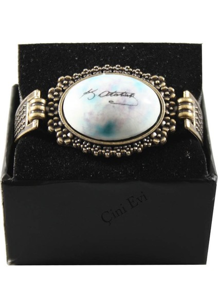 Papatya Çerçevede Ebru Zemin Atatürk İmzalı Çini Bileklik