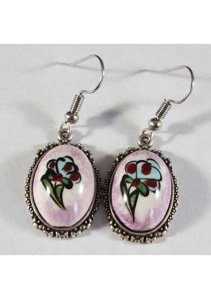 Mor Zemin Çiçek Desenli Çini Küpe