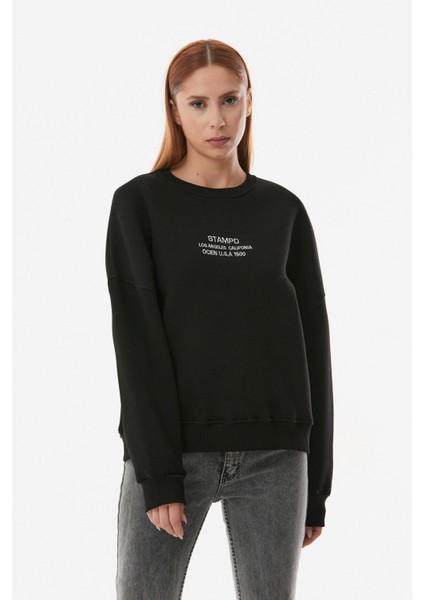 Nakışlı Bisiklet Yaka Oversize Sweatshirt