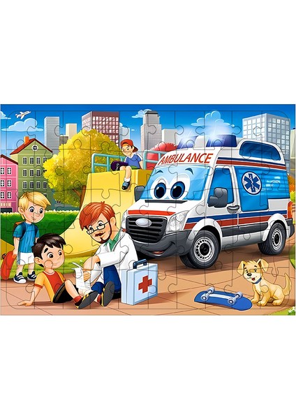 Ahşap Mdf Puzzle Yapboz Sevimli Ambulans ve Yaralı Çocuk 50 Parça 35*50 cm