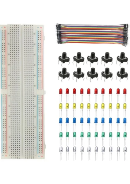 4'lü Set: 830 Pin Breadboard - 5mm LED - 6mm Buton - Erkek Erkek Jumper Kablo