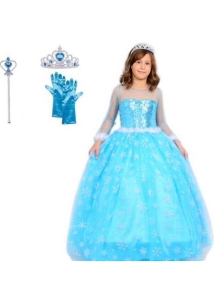 Prenses Elsa Kostümü Uzun Kollu Elsa Kostümü 1-12 Yaş Taç-Asa-Eldiven Hediyeli