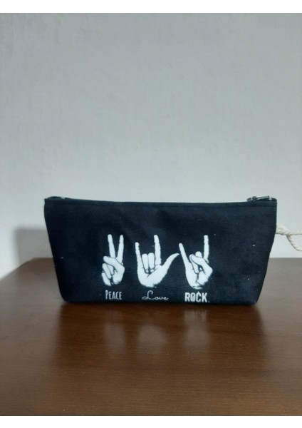 Peace - Love - Rock Slogan Desenli Tasarım Kalemlik - Makyaj Çantası