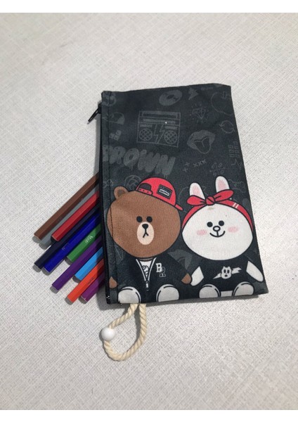 Bear Brown Desenli Tasarım Bez Kalemlik - Cüzdan