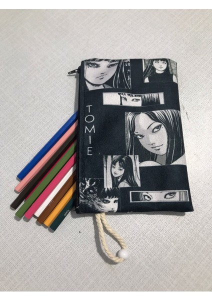Gotik - Tomie Desenli Tasarım Bez Kalemlik - Cüzdan
