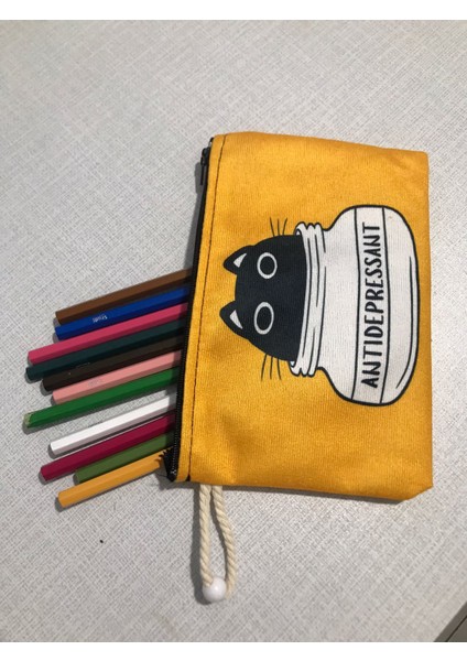 Antidepresant Cat Desenli Tasarım Bez Kalemlik - Cüzdan