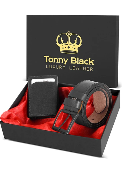 Tonny Black Orijinal Erkek Özel Hediye Kutulu 2'li Set Luxury Serisi Hediyelik Aksesuar Kutusu Çeyiz Düğün Baba Için Damat Takımı Şık Klasik Deri Kemer ve Rfid Mekanizmalı Cüzdan Seti