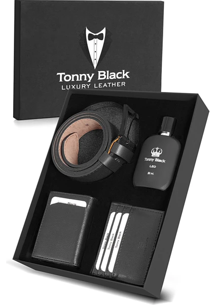 Tonny Black Orijinal Erkek Özel Hediye Kutulu 4'lü Set Luxury Serisi Hediyelik Aksesuar Kutusu Çeyiz Düğün Baba Için Damat Takımı Klasik Şık Deri Kemer Mekanizmalı Rfid Cüzdan ve Kartlık Seti