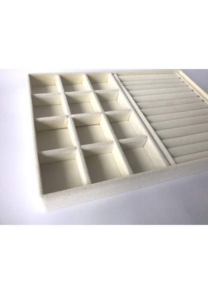 Yerli Üretim Venedik Model Süet Kumaş Krem 34/24 cm Tırnaklı-Sosisli Takı Çekmece Içi Standı modelleri