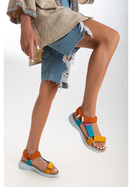 Kadın Kısa Topuk Rahat Taban Cırtlı Günlük Spor Sandalet SS001-0158 Sarı Oranj