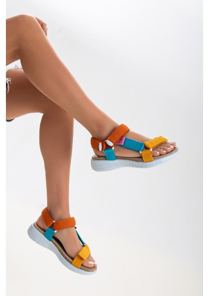 Kadın Kısa Topuk Rahat Taban Cırtlı Günlük Spor Sandalet SS001-0158 Sarı Oranj fiyatları