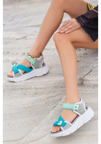 Kadın Günlük Faylon Dolgu Taban Cırtlı Spor Günlük Sandalet SS001-0148 Gri Mavi