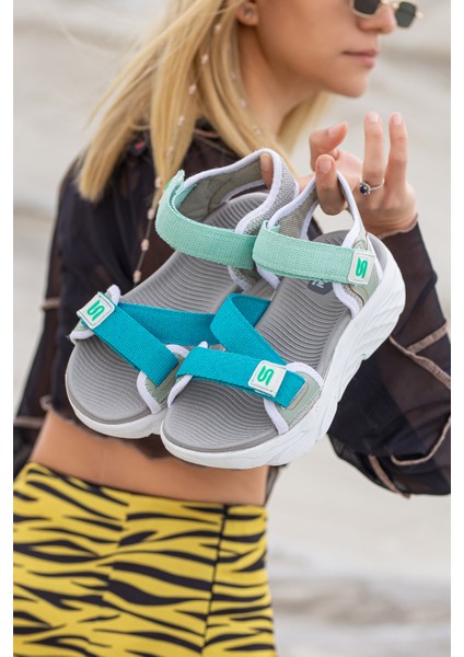 Kadın Günlük Faylon Dolgu Taban Cırtlı Spor Günlük Sandalet SS001-0148 Gri Mavi modelleri