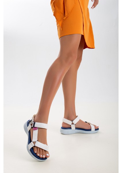 Kadın Kısa Topuk Rahat Taban Cırtlı Günlük Spor Sandalet SS001-0158 Beyaz Laci
