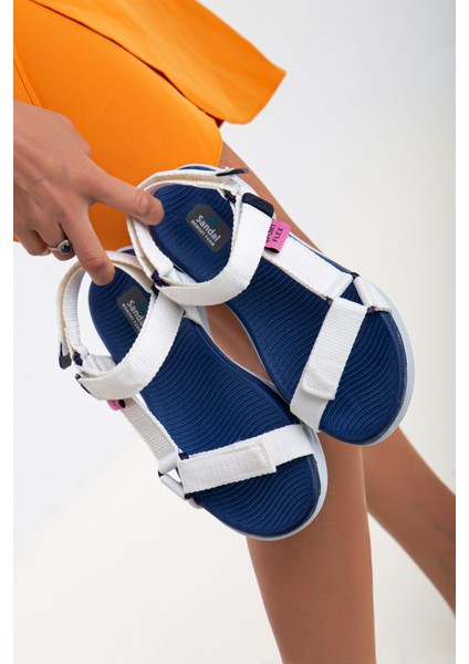 Kadın Kısa Topuk Rahat Taban Cırtlı Günlük Spor Sandalet SS001-0158 Beyaz Laci modelleri