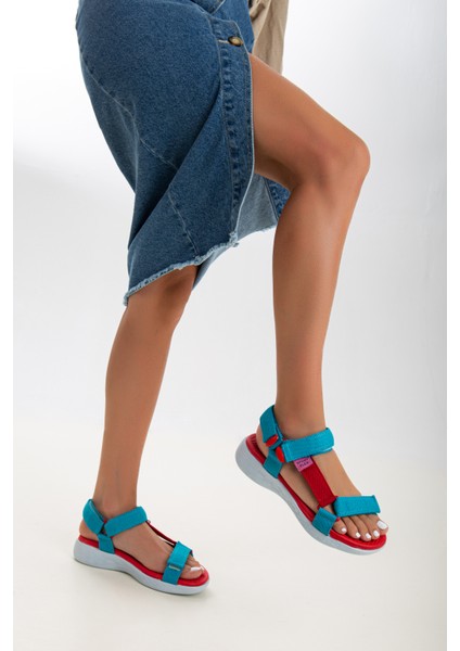 Kadın Kısa Topuk Rahat Taban Cırtlı Günlük Spor Sandalet SS001-0158 Mavi Kırmızı