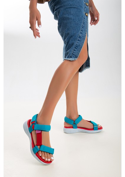 Kadın Kısa Topuk Rahat Taban Cırtlı Günlük Spor Sandalet SS001-0158 Mavi Kırmızı fiyatları