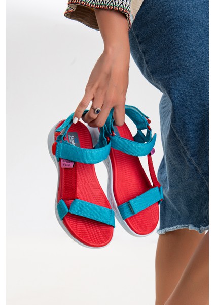 Kadın Kısa Topuk Rahat Taban Cırtlı Günlük Spor Sandalet SS001-0158 Mavi Kırmızı modelleri