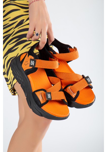 Kadın Günlük Faylon Dolgu Taban Cırtlı Spor Günlük Sandalet SS001-0148 Oranj