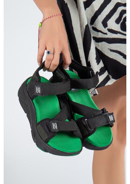 Kadın Günlük Faylon Dolgu Taban Cırtlı Spor Günlük Sandalet SS001-0148 Siyah Yeşil