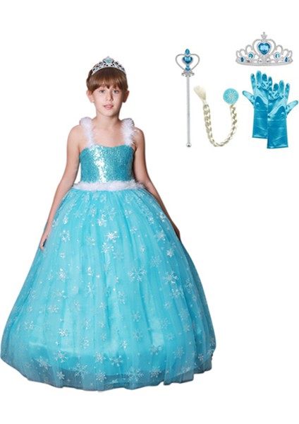 Butik Happy Kids Prenses Elsa Askılı Elsa Kostüm Taç Asa Saç Eldiven 1-12 Yaş