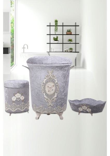 Lisa Gri 3lü 3'lü Kadife Çeyizlik Dantelli Banyo Kirli Çamaşır Sepeti Seti Banyo Seti