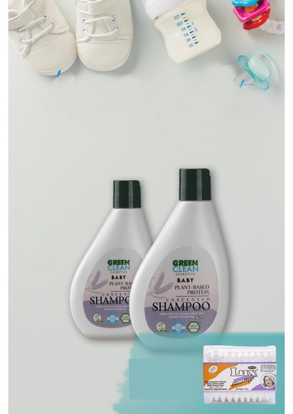 Green Clean Baby Şampuan 275 ml x 2 Adet + Lux Kare Bebe Temizleme Pamuğu 60' lı