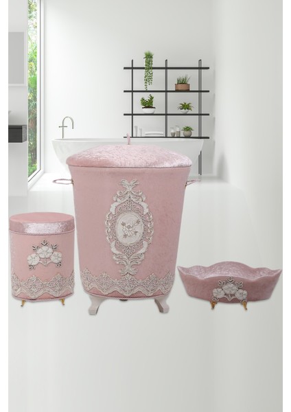 Lisa Pudra 3'lü Kadife Çeyizlik Dantelli Banyo Kirli Çamaşır Sepeti Seti Banyo Seti