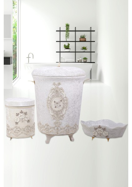 Lisa Krem 3'lü Kadife Çeyizlik Dantelli Banyo Kirli Çamaşır Sepeti Seti Banyo Seti