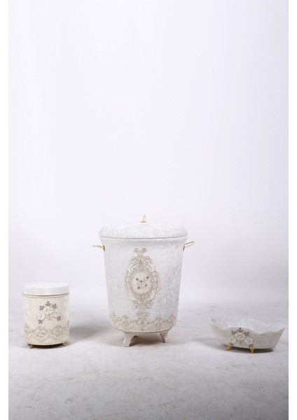 Lisa Krem 3'lü Kadife Çeyizlik Dantelli Banyo Kirli Çamaşır Sepeti Seti Banyo Seti fiyatları