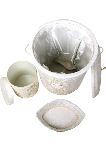 Lisa Krem 3'lü Kadife Çeyizlik Dantelli Banyo Kirli Çamaşır Sepeti Seti Banyo Seti modelleri