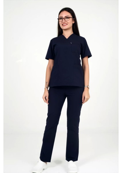 Kadın Terycotton Zarf Yaka Lacivert Renk Scrubs Takım modelleri