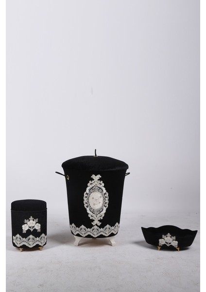 Lisa Siyah 3'lü Kadife Çeyizlik Dantelli Banyo Kirli Çamaşır Sepeti Seti Banyo Seti fiyatları
