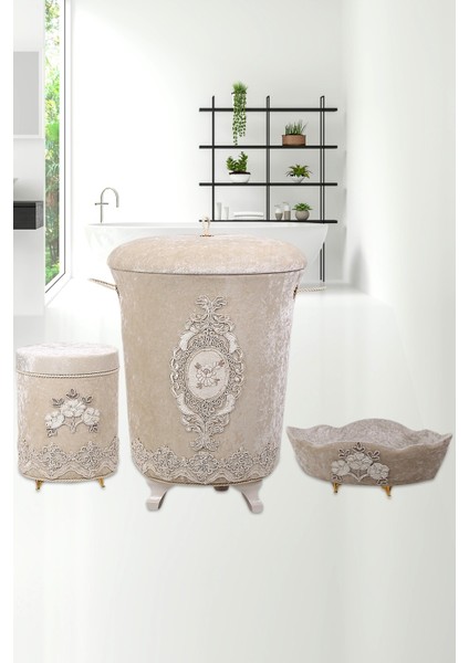 Lisa Vizon 3'lü Kadife Çeyizlik Dantelli Banyo Kirli Çamaşır Sepeti Seti Banyo Seti