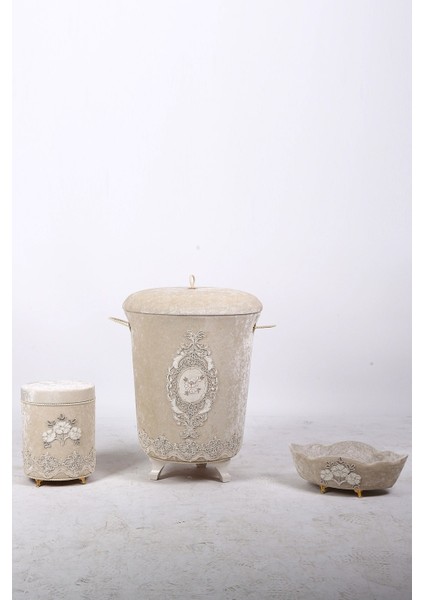 Lisa Vizon 3'lü Kadife Çeyizlik Dantelli Banyo Kirli Çamaşır Sepeti Seti Banyo Seti modelleri