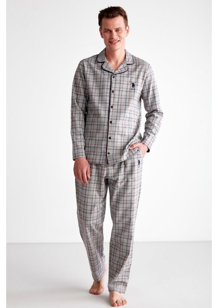 Rahat Kalıp Boydan Düğmeli Ekoseli Erkek Pijama Takım, Uzunkol Kareli Mevsimlik Pijama Takım