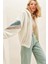 Kadın Ekru Kapüşonlu Fermuarlı Kolları Renk Bloklu Oversize Peluş Sweatshirt 2