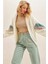 Kadın Ekru Kapüşonlu Fermuarlı Kolları Renk Bloklu Oversize Peluş Sweatshirt 4