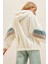 Kadın Ekru Kapüşonlu Fermuarlı Kolları Renk Bloklu Oversize Peluş Sweatshirt 5