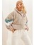 Kadın Ekru Kapüşonlu Fermuarlı Kolları Renk Bloklu Oversize Peluş Sweatshirt 2