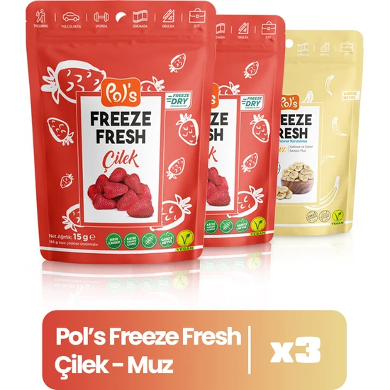 Pol’s Freeze Fresh Çilek 15 g x 2 Adet, Muz x 1 Adet Freeze Dry Dondururlarak Kurtulmuş Meyve