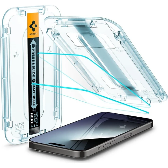 Spigen iPhone 15 Pro Max Cam Ekran Koruyucu Kolay Kurulum Glas.tR EZ Fit Slim HD (2 Adet) - AGL06872