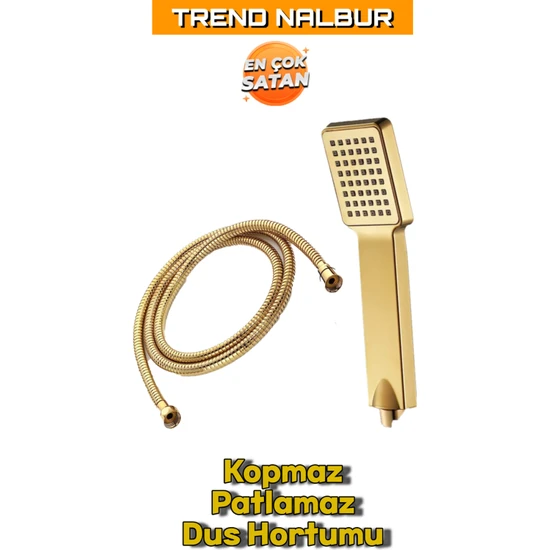 Canero Gold Duş Başlıgı ve Gold Paslanmaz Kopmaz Patlamaz Kaliteli Duş Hortumu - 150 cm