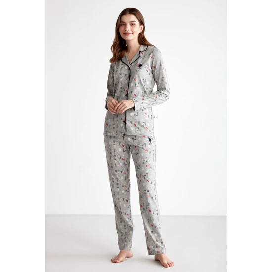 U.S. Polo Assn. Penye Kumaş Desenli Gömlek Pantolon Pijama Takım, Uzunkol Önden Düğmeli Arma Nakışlı Kadın Pijama Takım