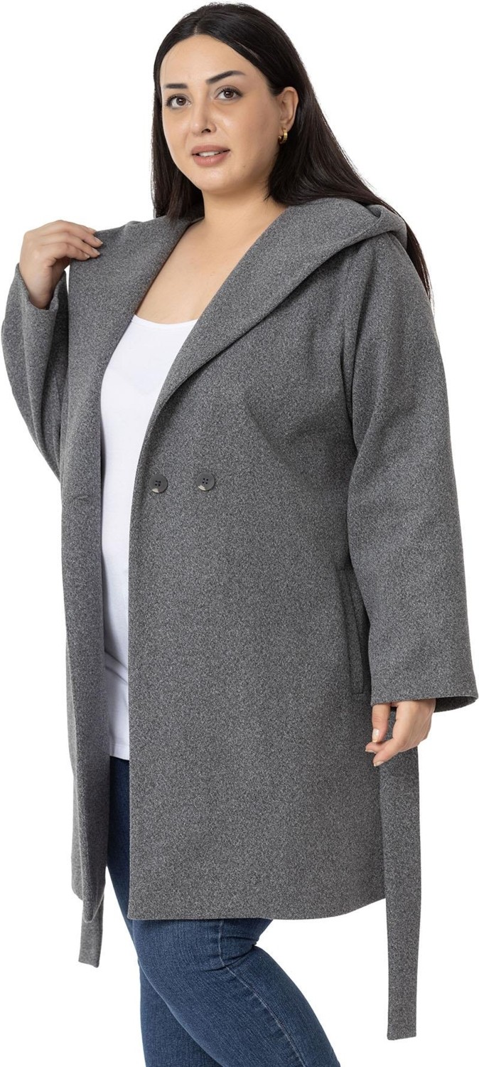 Disentis Modest Kadın Büyük Beden Kapüşonlu Antrasit Fleto Cepli Kuşaklı Polyester Kaban görsel 4