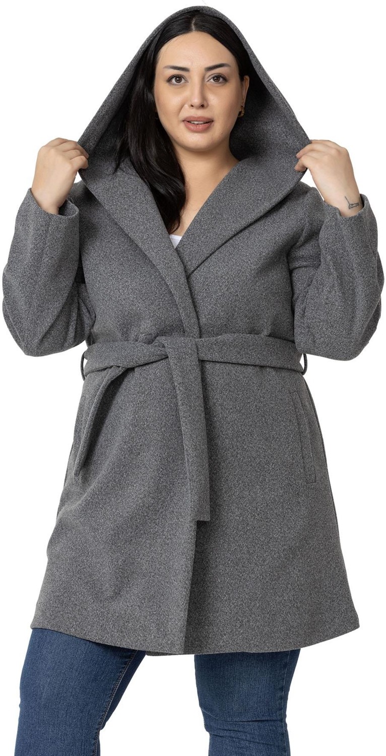 Disentis Modest Kadın Büyük Beden Kapüşonlu Antrasit Fleto Cepli Kuşaklı Polyester Kaban görsel 2