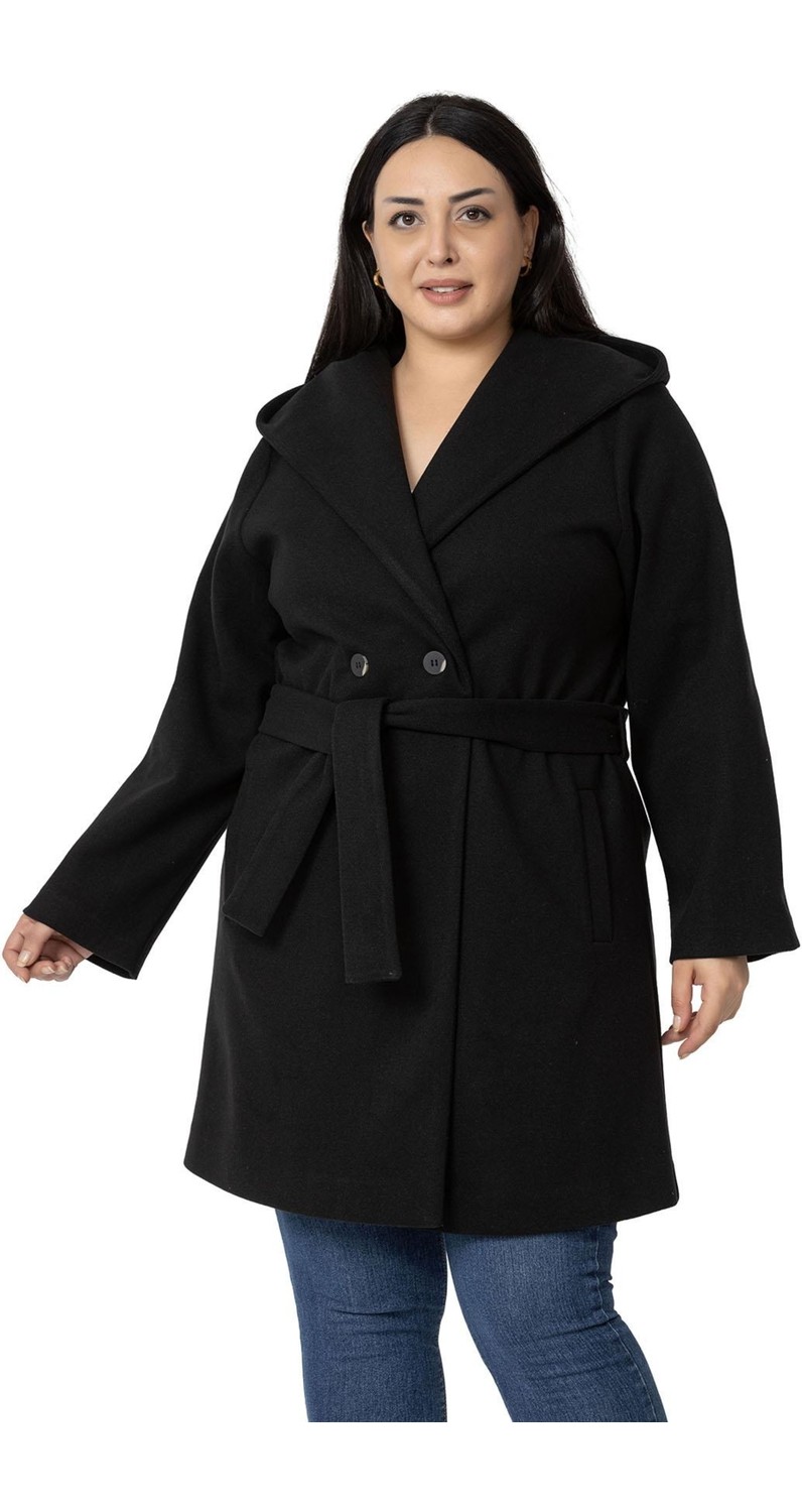 Disentis Modest Kadın Büyük Beden Kapüşonlu Antrasit Fleto Cepli Kuşaklı Polyester Kaban görsel 7
