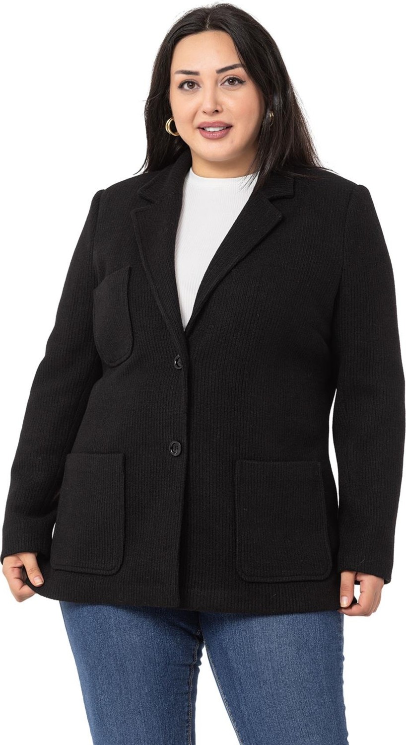 Disentis Modest Büyük Beden Blazer Cepli Örme Astarlı Gri Ceket